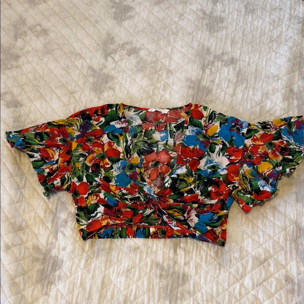 Lush Red and Orange Flutter Sleeve Crop Blouse